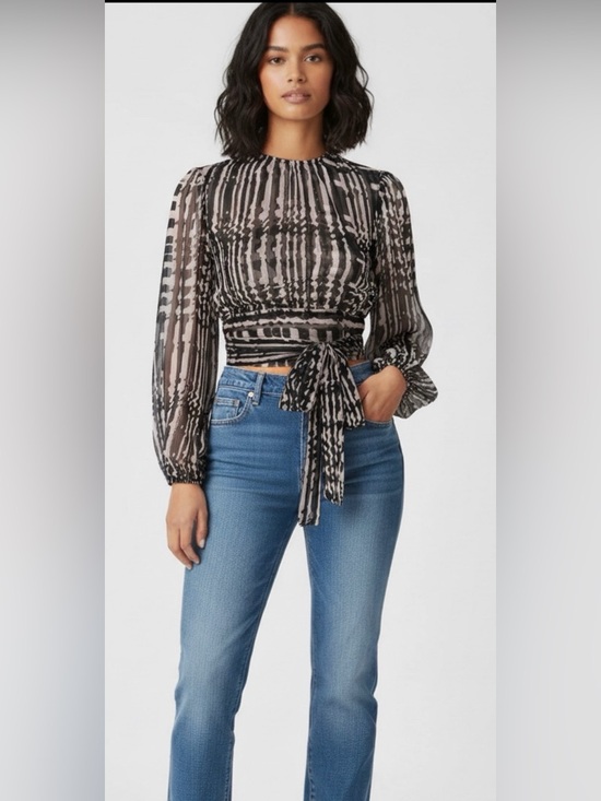 Misa Los Angeles Tops - Women's Misa  Black and Blush Patterned Long-sleeve Blouse open tie back